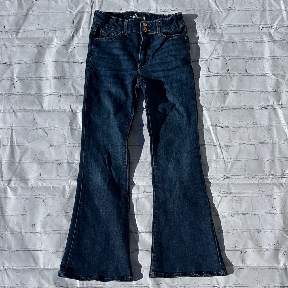 Jordache Dark Blue Flare Girls Jeans Snap Adjustable Waist Size 10